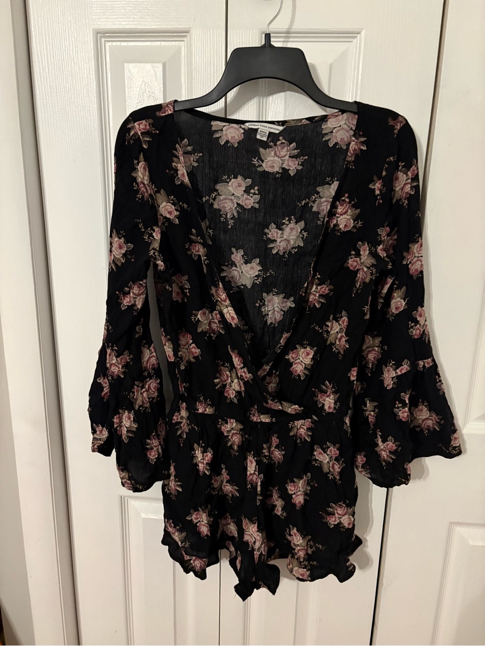 American Eagle Outfitters Black Top with Pink Rose Print